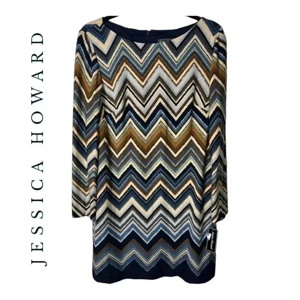 1035. Jessica HOWARD LONG SLEEVE‎ CHEVRON DRESS SIZE 12 MULTICOLORED